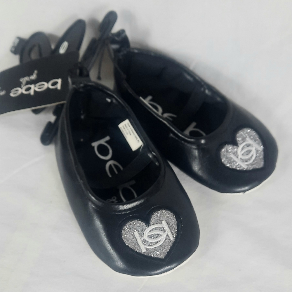 Bebe Girls Baby Ballet Soft Crib Shoes Size 3 (6-9Months) Black Silver Embroider